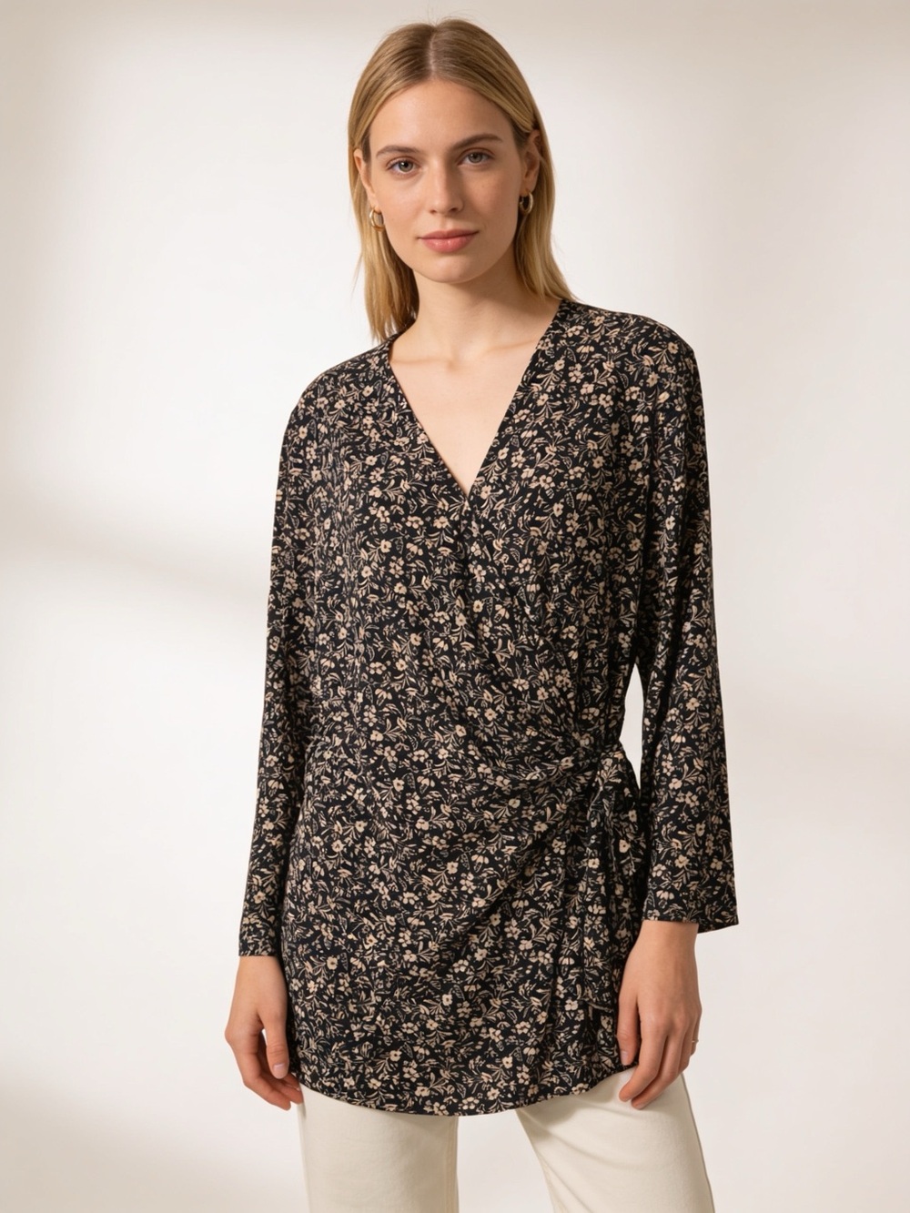 Anne Klein Black Beige Floral Faux Wrap Tunic Top Long Sleeve Large